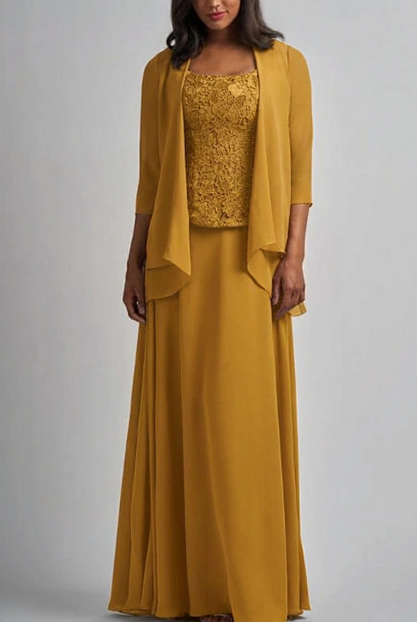 Gold designer long chiffon lace mother of the bride dress with jacket
