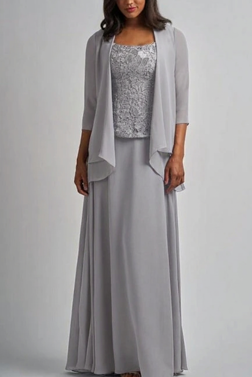 Silver designer long chiffon lace mother of the bride dress with jacket