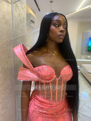 Designer Long Coral One Shoulder Sleeveless Mermaid Corset Prom Dress with Beadings and Sequins