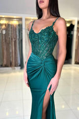 Designer Long Dark Green Mermaid Sleeveless Lace Prom Evening Dresses with Slit