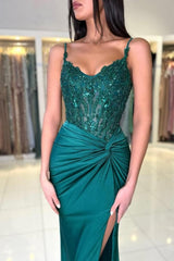 Designer Long Dark Green Mermaid Sleeveless Lace Prom Evening Dresses with Slit