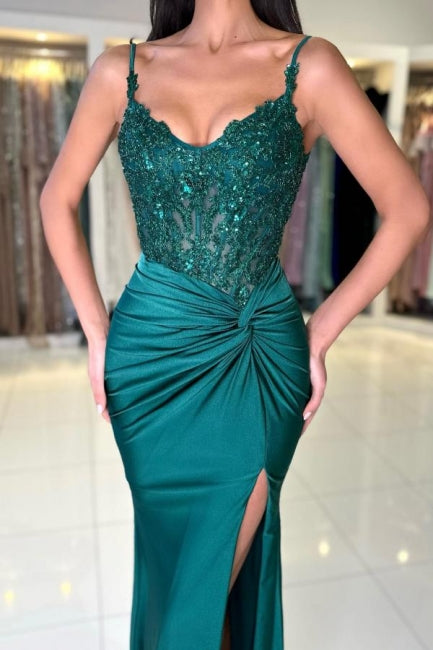 Designer Long Dark Green Mermaid Sleeveless Lace Prom Evening Dresses with Slit