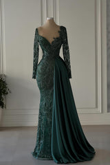 Dark green v-neck lace mermaid prom dress