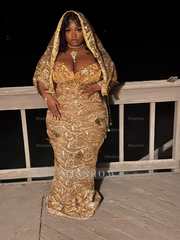 Designer Long Gold Mermaid Strapless Appliques Prom Dress with Veil