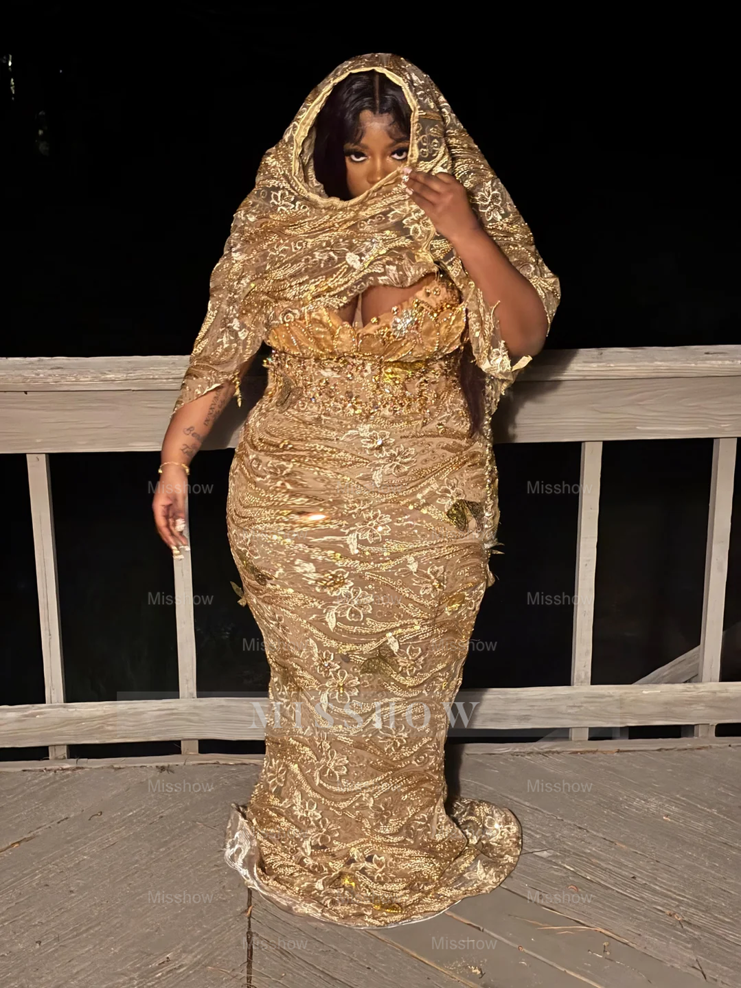 Designer Long Gold Mermaid Strapless Appliques Prom Dress with Veil