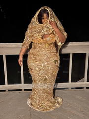 Designer Long Gold Mermaid Strapless Appliques Prom Dress with Veil