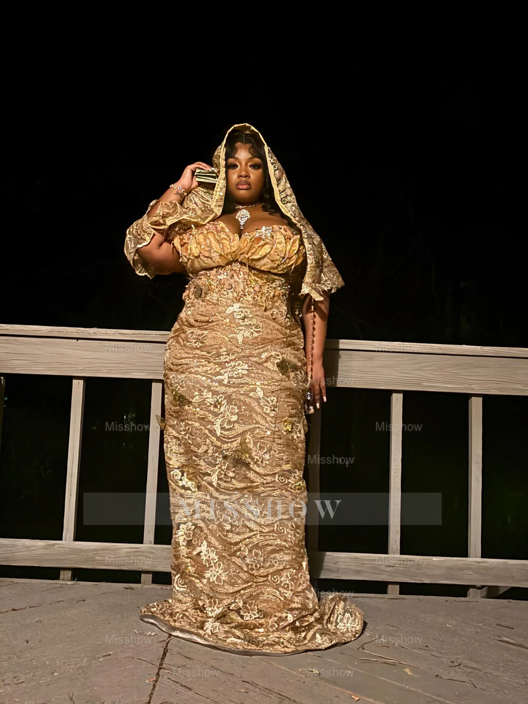 Designer Long Gold Mermaid Strapless Appliques Prom Dress with Veil