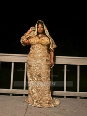 Designer Long Gold Mermaid Strapless Appliques Prom Dress with Veil