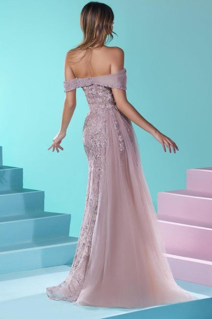 Designer Long Mermaid Off-the-shoulder Lace Beading Tulle Prom Evening Dresses