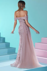 Designer Long Mermaid Off-the-shoulder Lace Beading Tulle Prom Evening Dresses