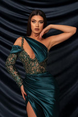 Designer Long Mermaid One Shoulder Long Sleeve Lace Prom Evening Dresses with Slit