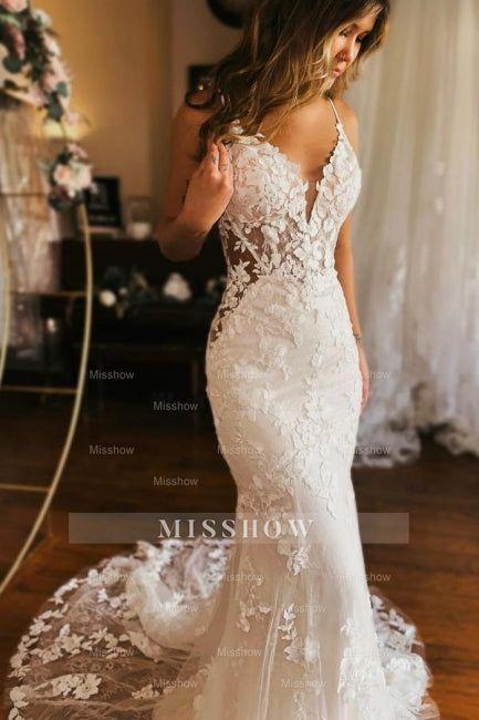 Designer Long Mermaid Spaghetti Straps V-neck Backless Wedding Dress Designer Long Mermaid Spaghetti Straps V-neck Backless Wedding Dress