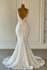 Designer Long Mermaid V-neck Sleeveless Wedding Dresses With Lace