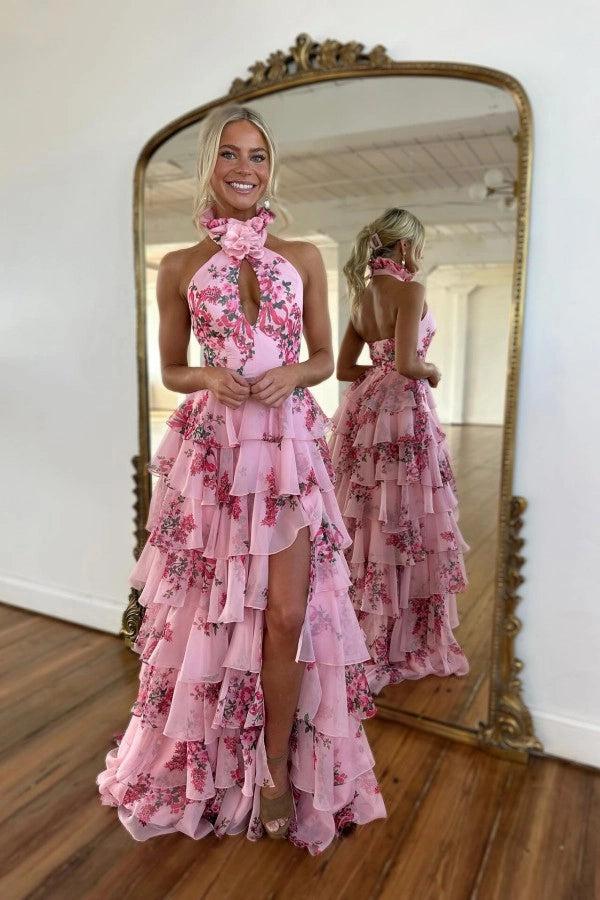 Designer Long Pink Halter Chiffon A-line Sleeveless Prom Dress with Slit