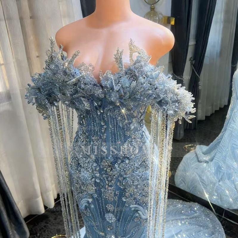 Designer Long Pink Mermaid Off-the-shoulder Beaded Crystal Prom Dress misshow.com Designer Long Pink Mermaid Off-the-shoulder Beaded Crystal Prom Dress misshow.com