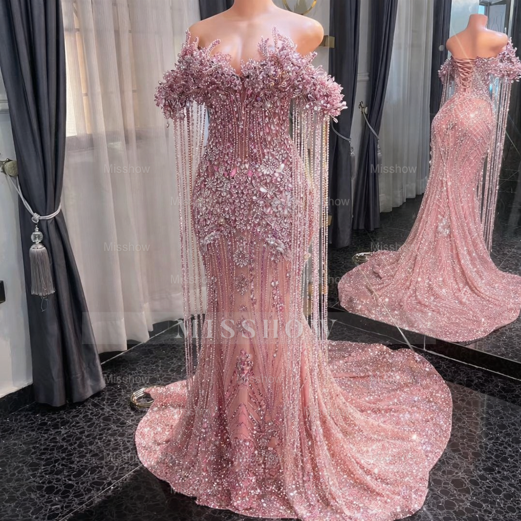 Designer Long Pink Mermaid Off-the-shoulder Beaded Crystal Prom Dress – misshow.com Designer Long Pink Mermaid Off-the-shoulder Beaded Crystal Prom Dress – misshow.com