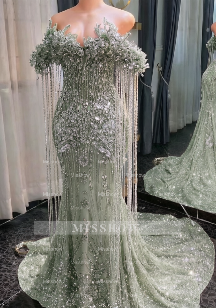Designer Long Pink Mermaid Off-the-shoulder Beaded Crystal Prom Dress