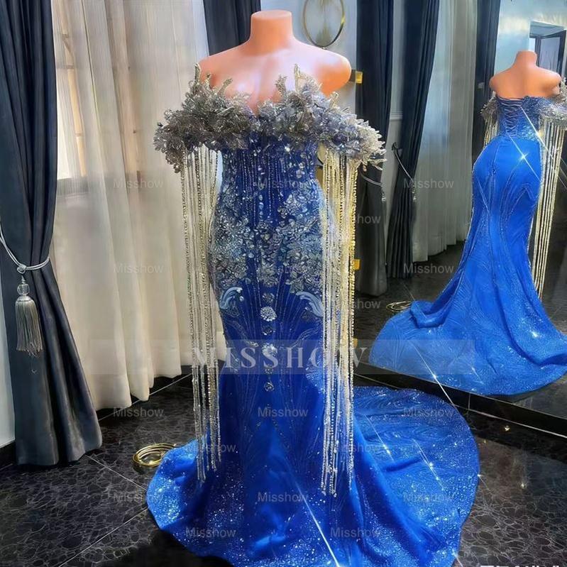 Royal blue off-the-shoulder beaded mermaid prom dress