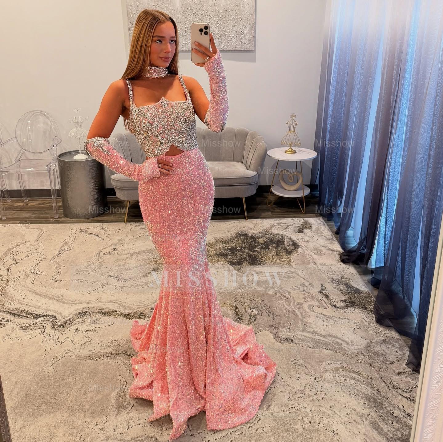 Designer Long Pink Mermaid Sequined Prom Dress with Gloves