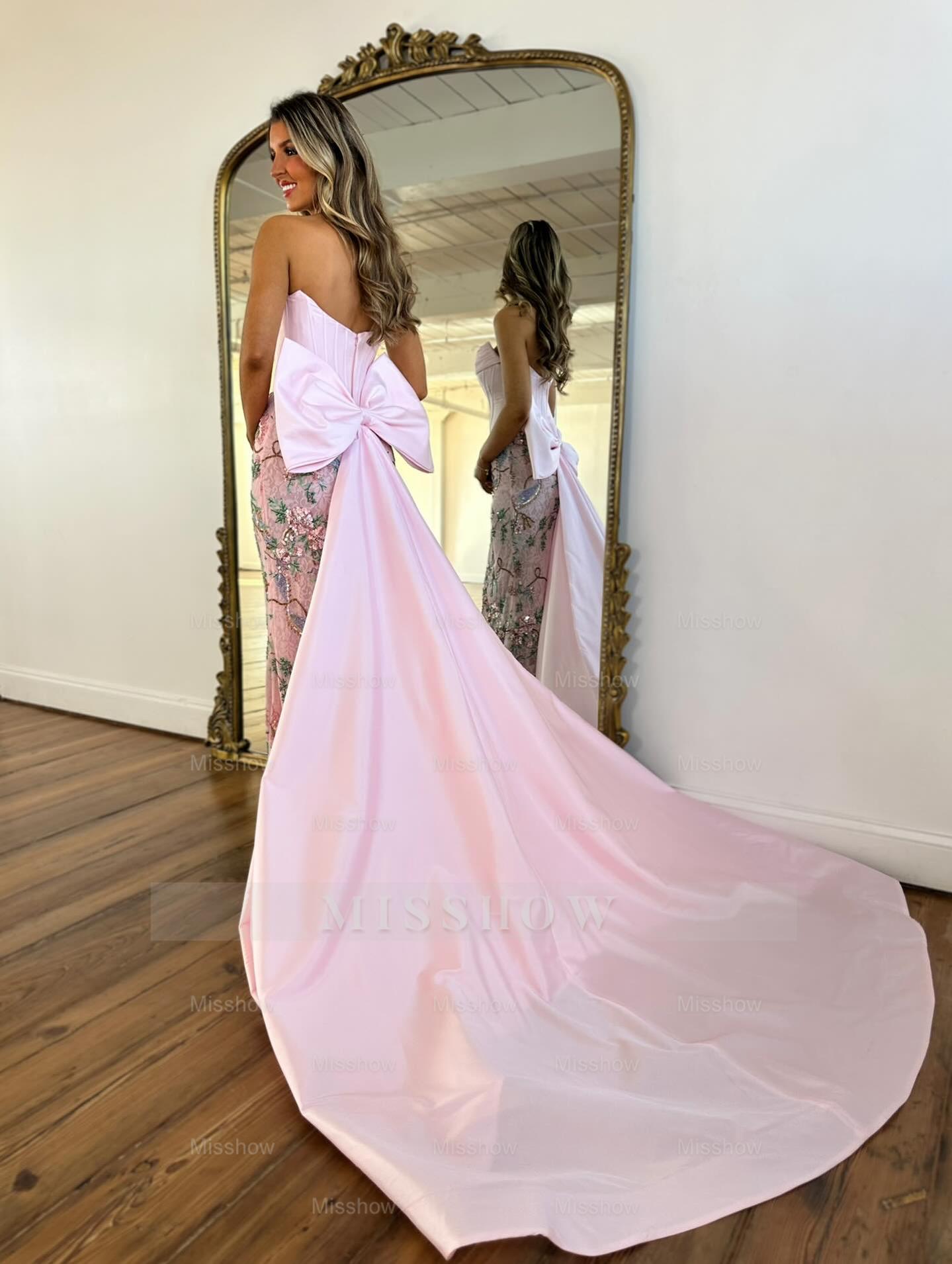 Designer Long Pink Strapless Mermaid Beaded Lace Prom Dress with Bow