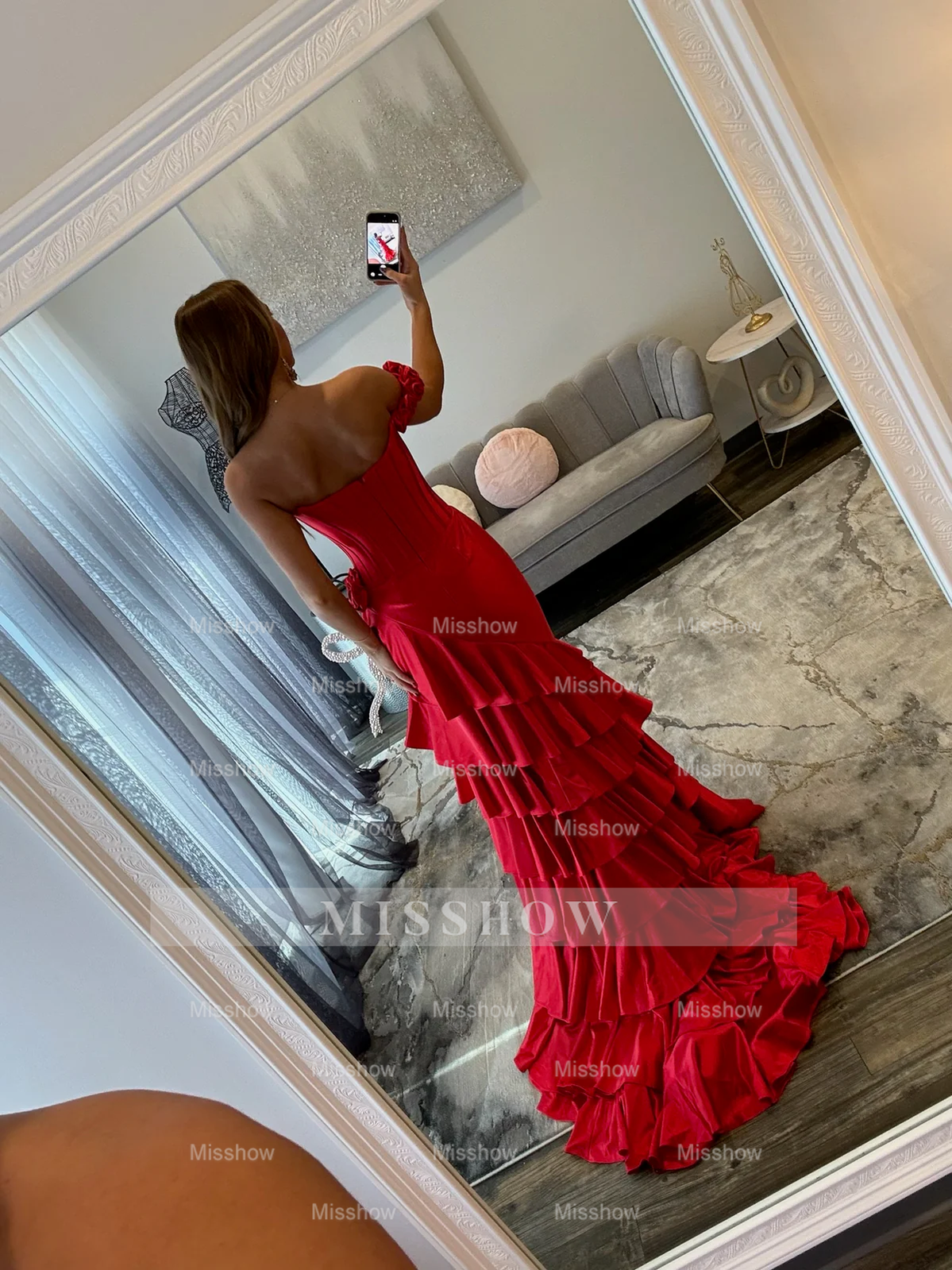 Designer Long Red Mermaid Sleeveless Prom Dress with Slit and Ruffles