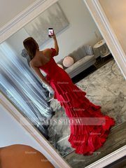 Designer Long Red Mermaid Sleeveless Prom Dress with Slit and Ruffles