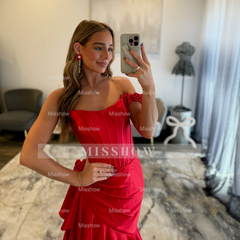 Designer Long Red Mermaid Sleeveless Prom Dress with Slit and Ruffles