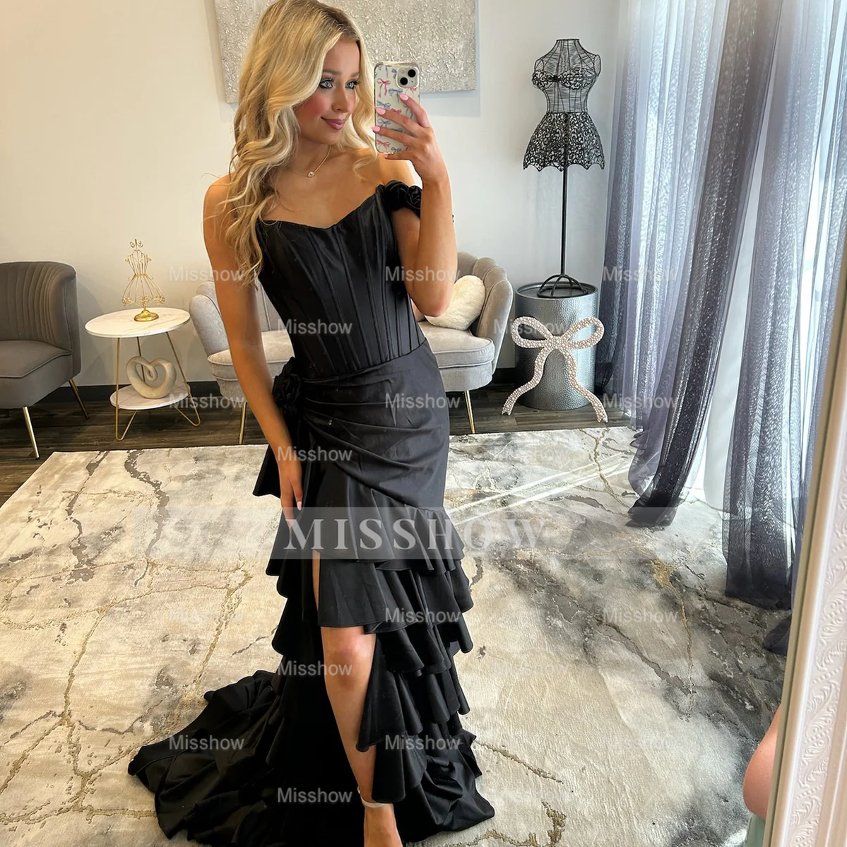 Designer Long Red Mermaid Sleeveless Prom Dress with Slit and Ruffles