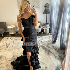 Designer Long Red Mermaid Sleeveless Prom Dress with Slit and Ruffles