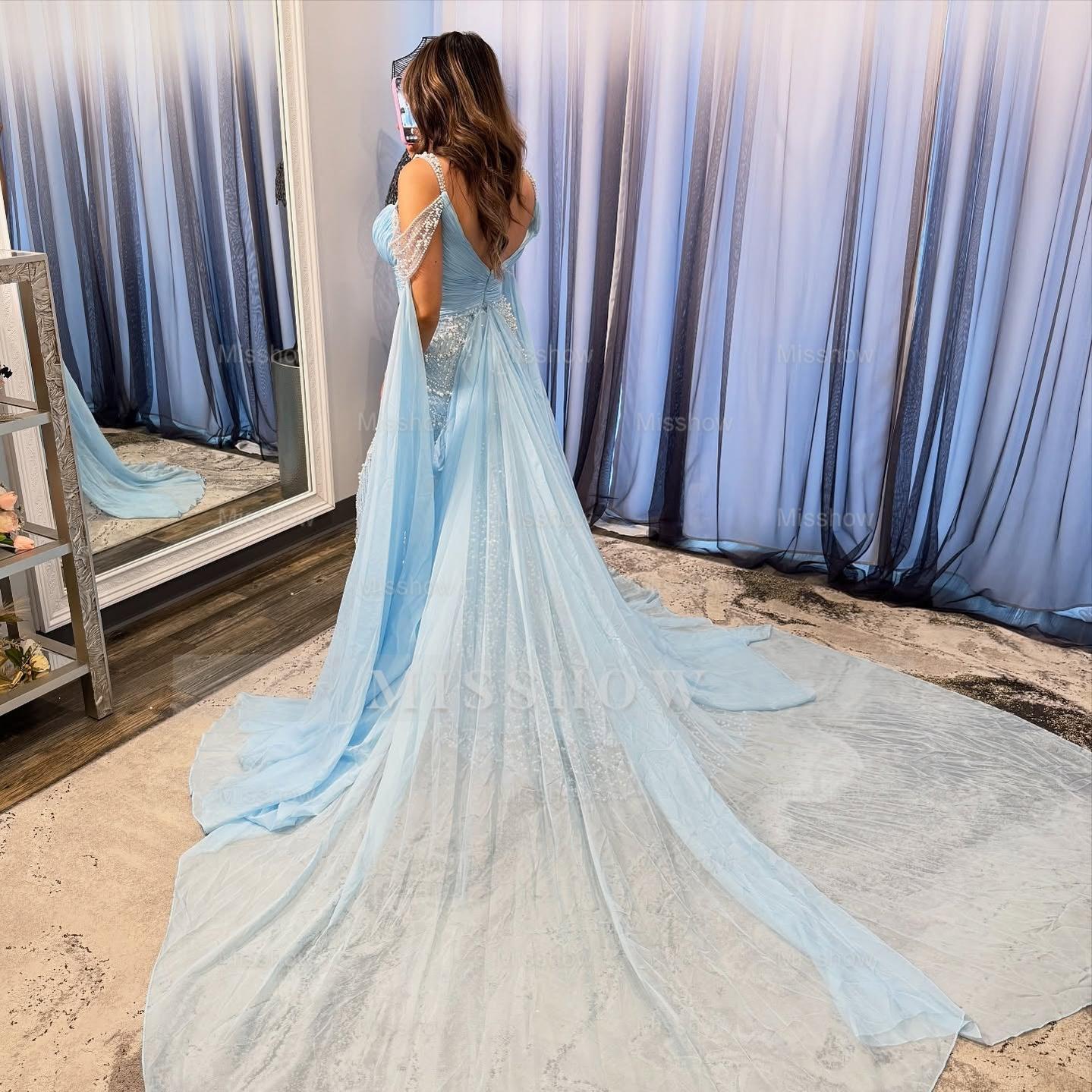 Designer Long Sky Blue Sweetheart Mermaid Prom Dress with Lace and Beads