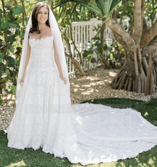 Designer Long White A-line Strapless Lace Sleeveless Wedding Dress