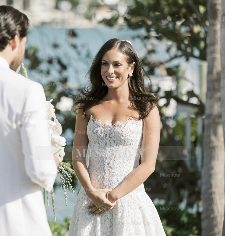 Designer Long White A-line Strapless Lace Sleeveless Wedding Dress