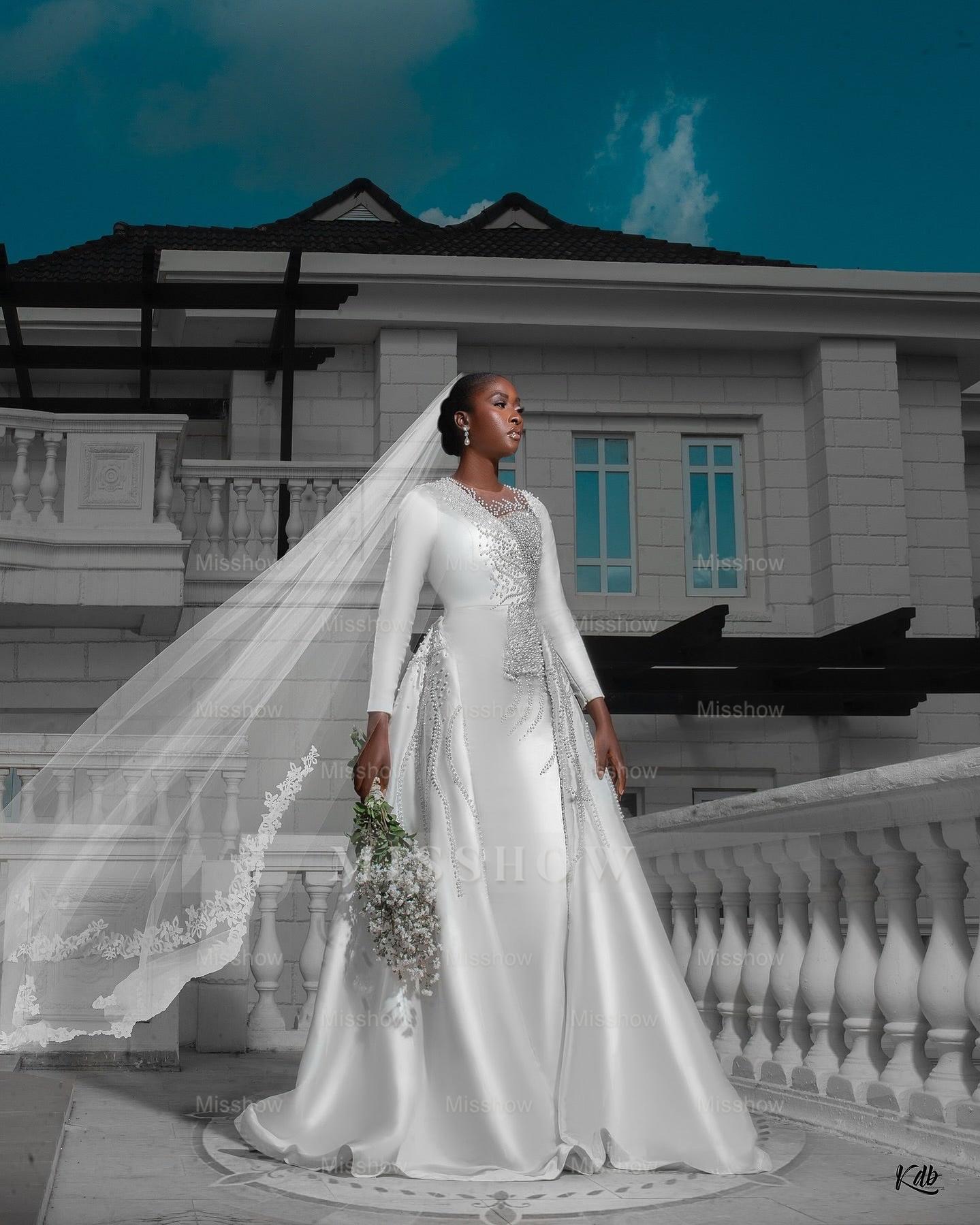 Designer Long White Column Long Sleeves Wedding Dress with Detachable Train and Pearls