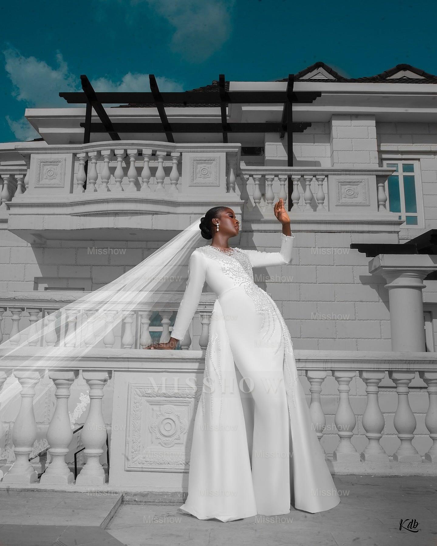 Designer Long White Column Long Sleeves Wedding Dress with Detachable Train and Pearls