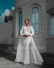 Designer Long White Column Long Sleeves Wedding Dress with Detachable Train and Pearls