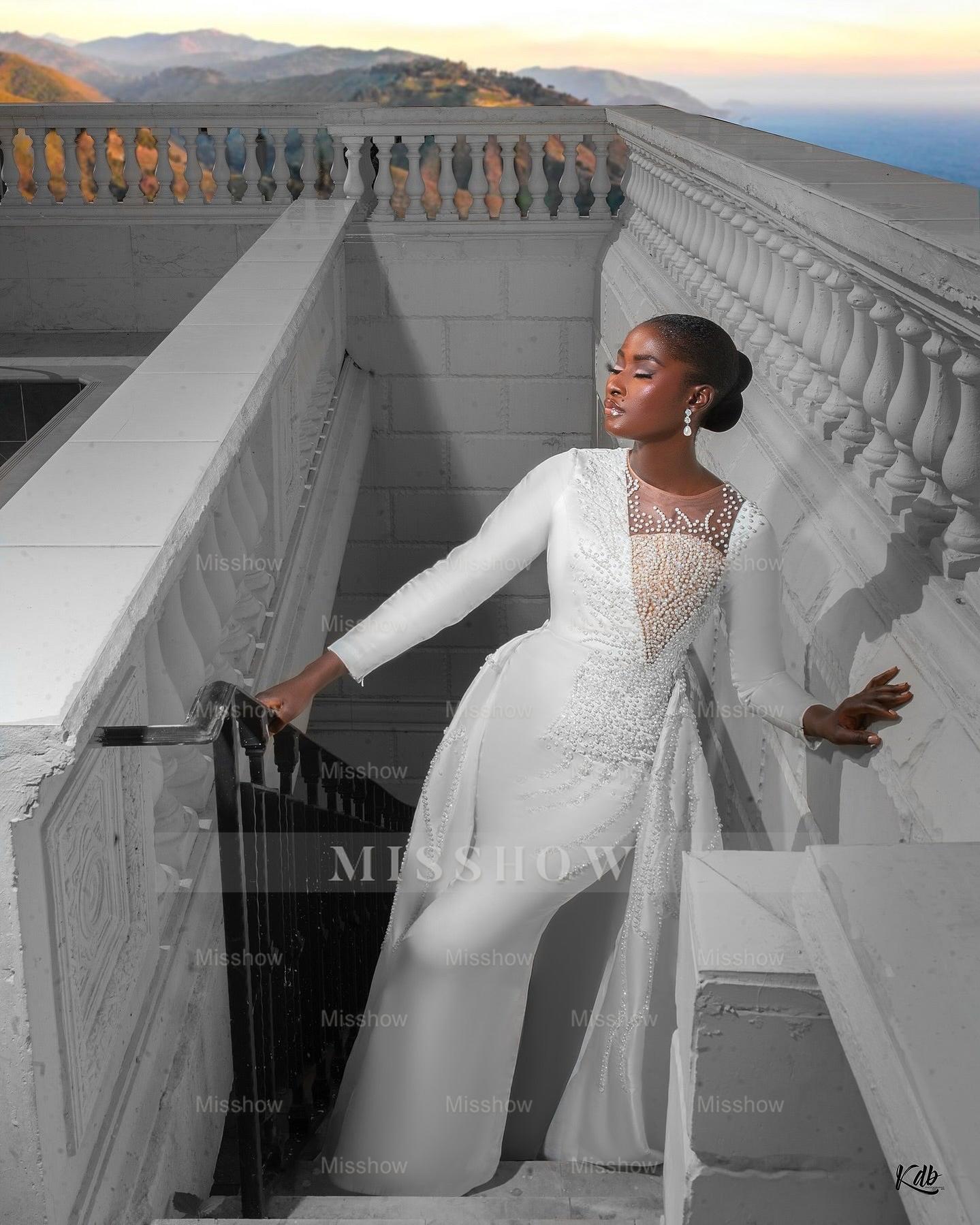 Designer Long White Column Long Sleeves Wedding Dress with Detachable Train and Pearls