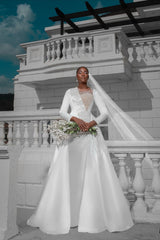 Designer Long White Column Long Sleeves Wedding Dress with Detachable Train and Pearls