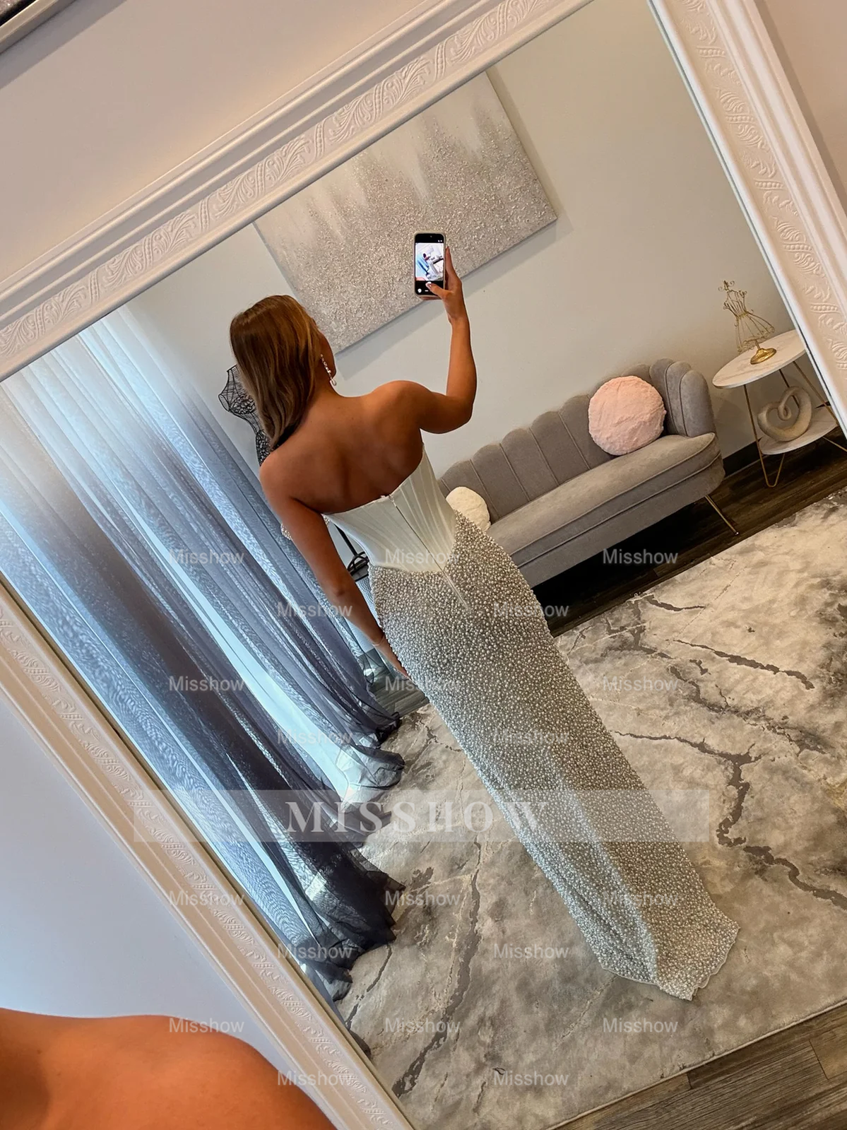 Designer Long White Mermaid Strapless White Prom Dress with Slit and Pearls