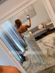 Designer Long White Mermaid Strapless White Prom Dress with Slit and Pearls