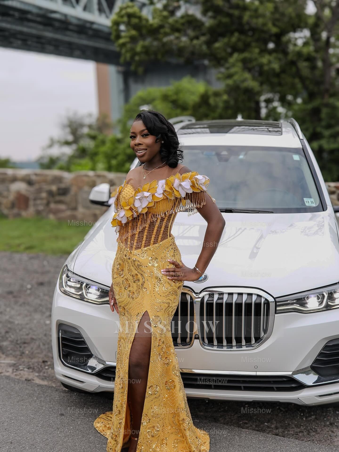 Designer Long Yellow Off-The-Shoulder Sleeveless Mermaid Prom Dress with Slit and Sequins