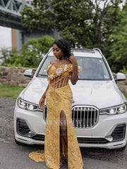 Designer Long Yellow Off-The-Shoulder Sleeveless Mermaid Prom Dress with Slit and Sequins