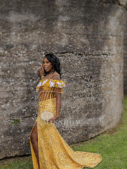 Designer Long Yellow Off-The-Shoulder Sleeveless Mermaid Prom Dress with Slit and Sequins