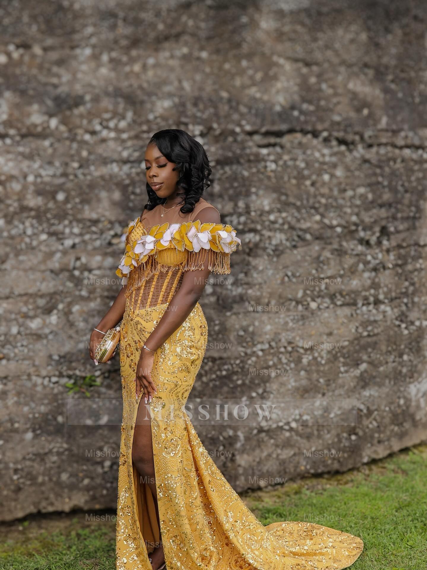 Designer Long Yellow Off-The-Shoulder Sleeveless Mermaid Prom Dress with Slit and Sequins