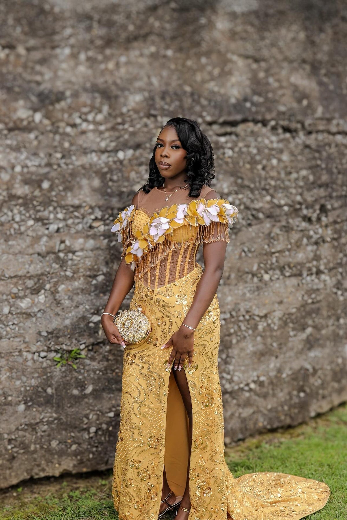 Designer Long Yellow Off-The-Shoulder Sleeveless Mermaid Prom Dress with Slit and Sequins