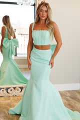 Designer Mint Green Two-piece Mermaid Satin Prom Dress with Bow