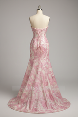 Designer Pink Floral Embroidered Mermaid Prom Dress with Crystal Beaded Corset