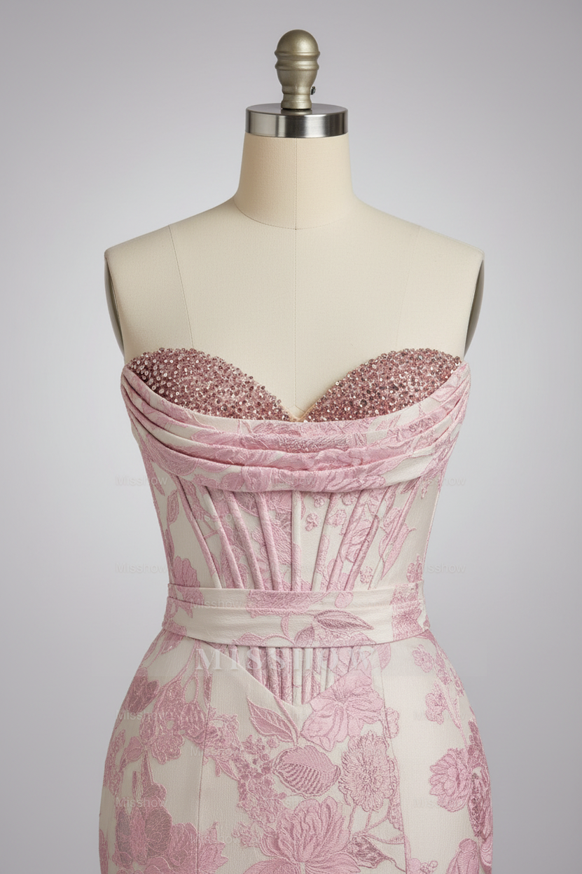 Designer Pink Floral Embroidered Mermaid Prom Dress with Crystal Beaded Corset