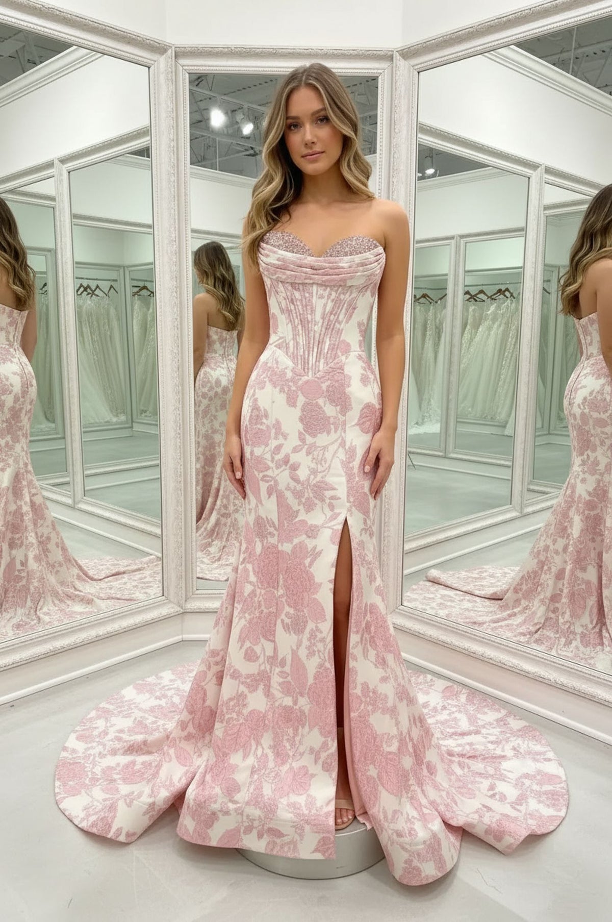 Designer Pink Floral Embroidered Mermaid Prom Dress with Crystal Beaded Corset
