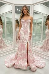 Designer Pink Floral Embroidered Mermaid Prom Dress with Crystal Beaded Corset