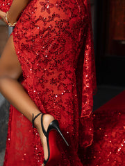 Designer Red V-Neck Sleeveless Mermaid Prom Dress with Sequins and Slit